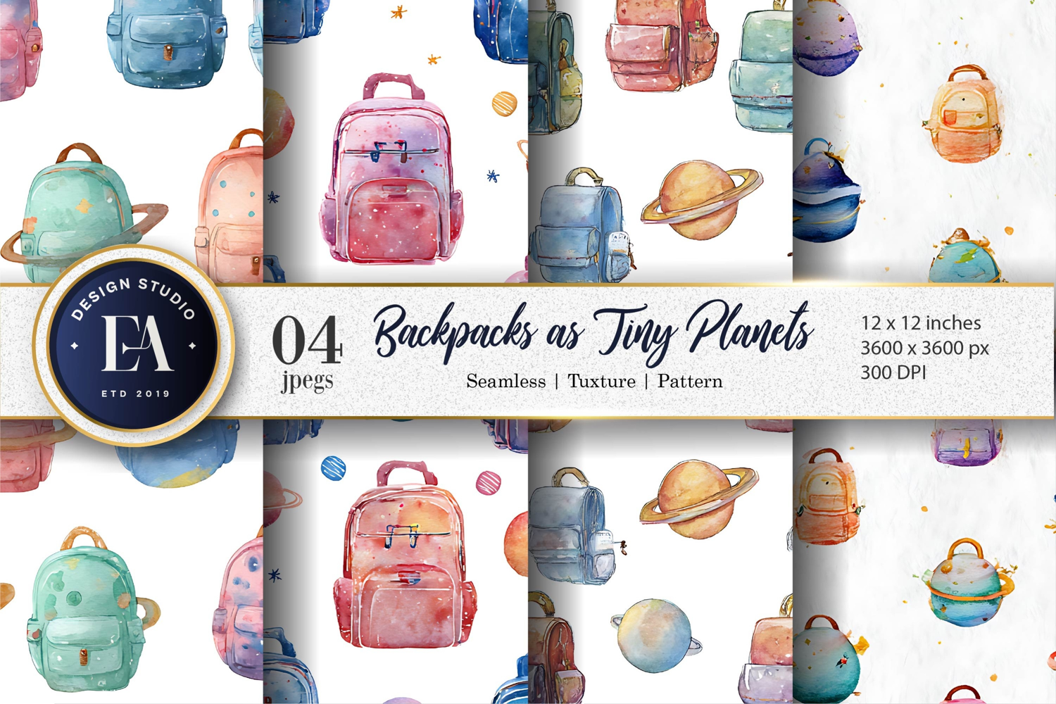 Watercolor Backpacks Shaped Like Tiny Planets Digital Paper product image 1