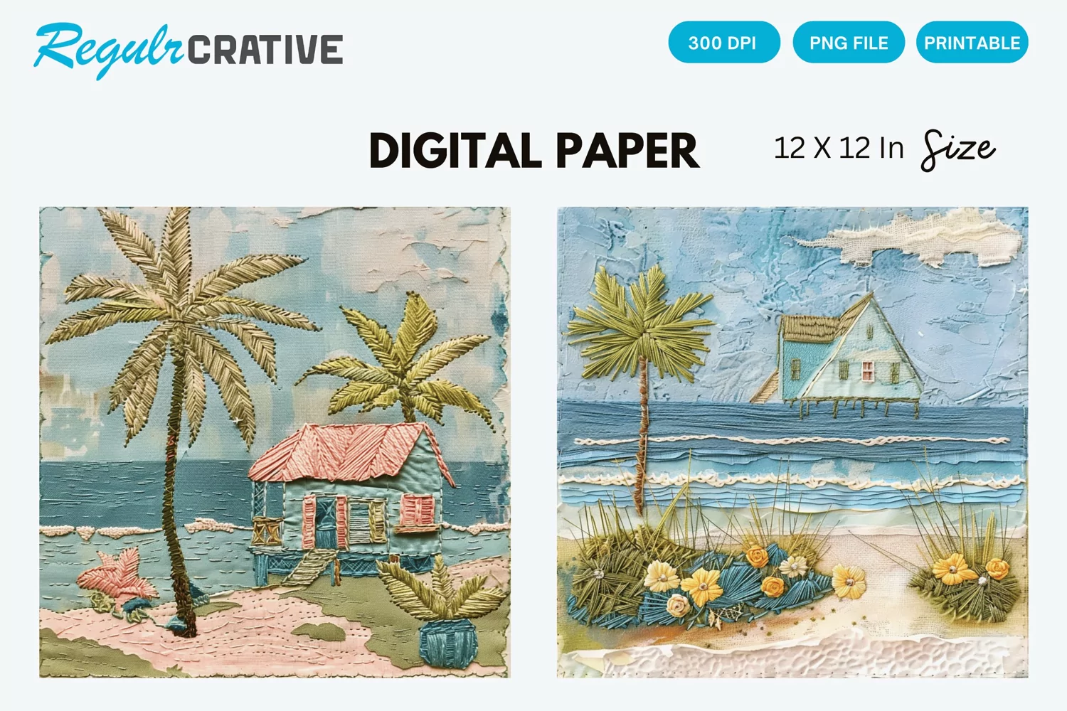 Beach Cottage Embroidered Digital Paper, Beach Background product image 1