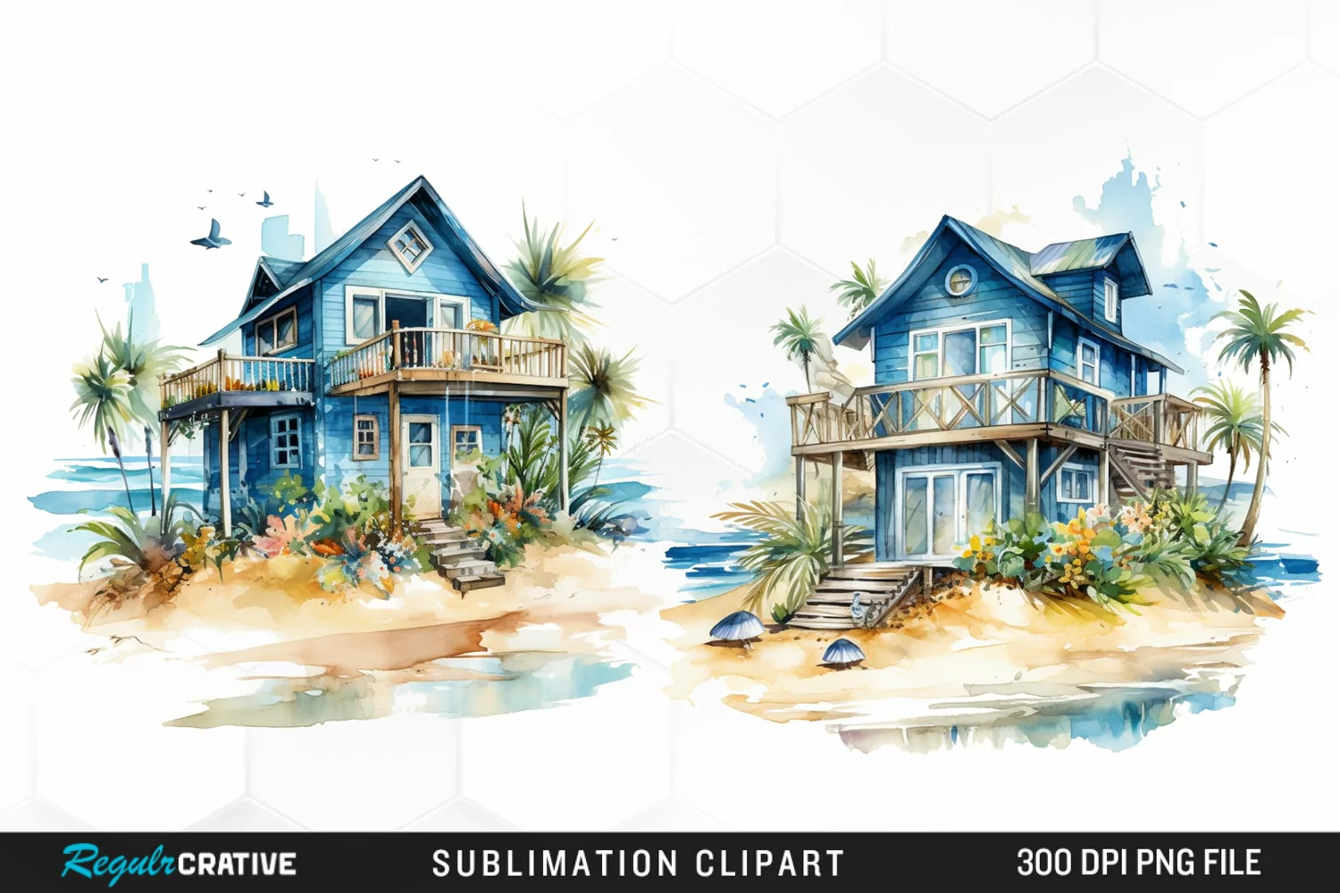 Watercolor Beach Houses Design Clipart product image 1