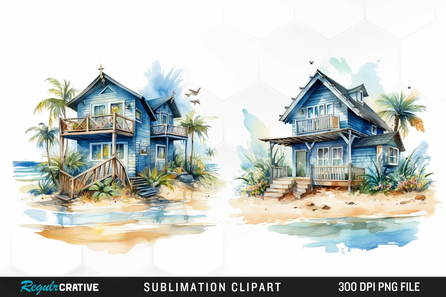 Watercolor Beach Houses Design Clipart product image 1