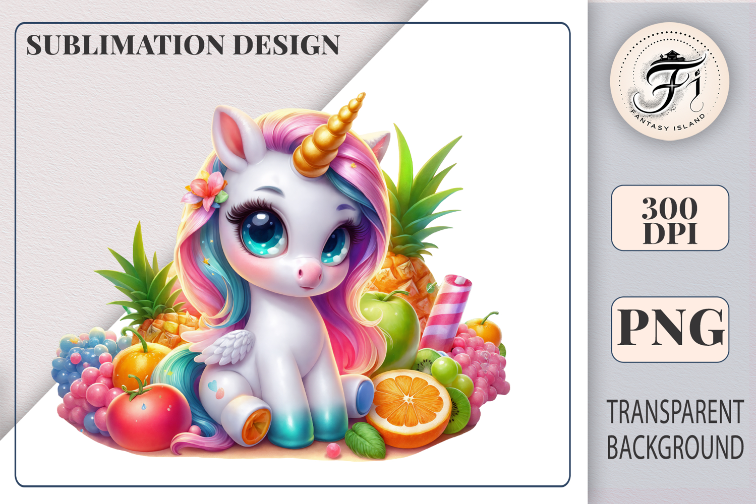 Cute watercolor unicorn with wings enjoying a beach party, floating in a pool ring and surrounded by summer fun elements – perfect for cheerful sublimation designs