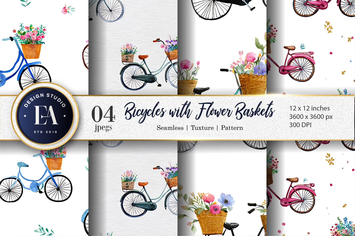 Floral Bicycle Seamless Pattern Digital Paper product image 1