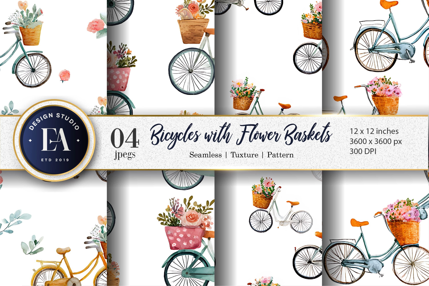 Bicycles with Flower Baskets Watercolor Digital Paper product image 1