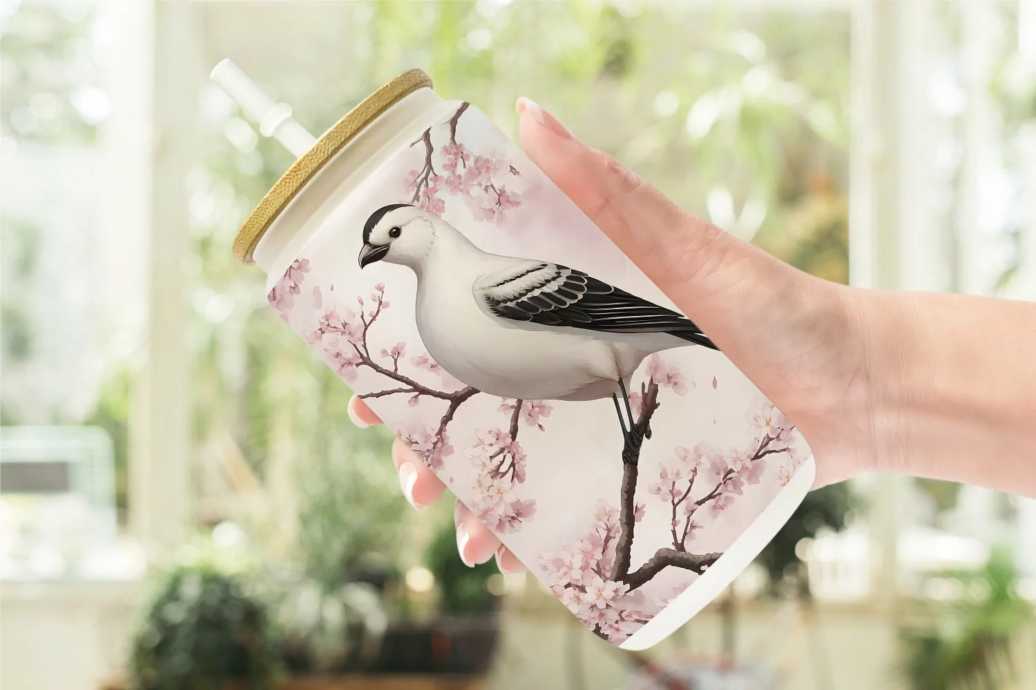 Bird and Cherry Blossoms Glass Can Wraps product image 1
