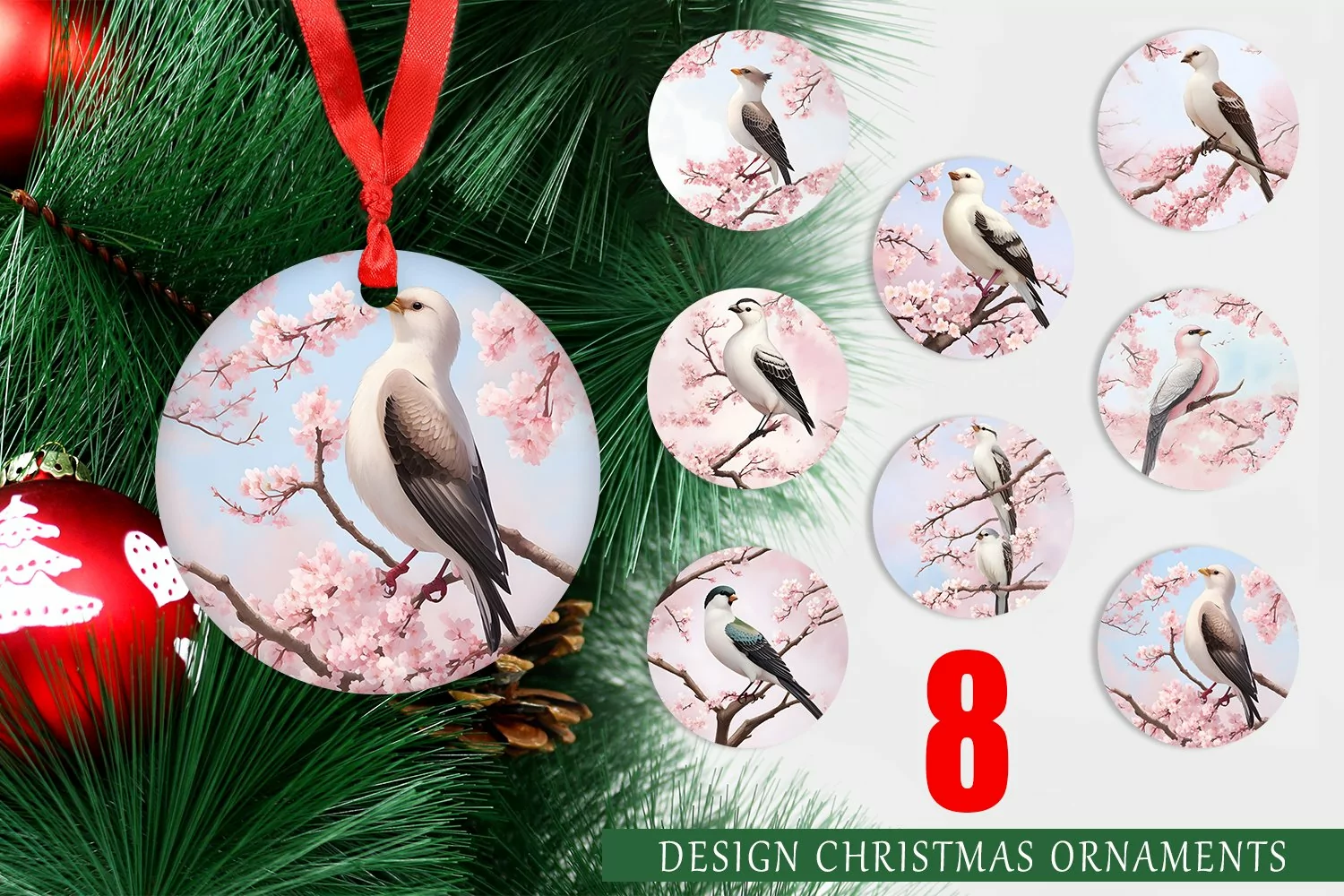 Christmas Ornaments Bird and Cherry Blossoms product image 1