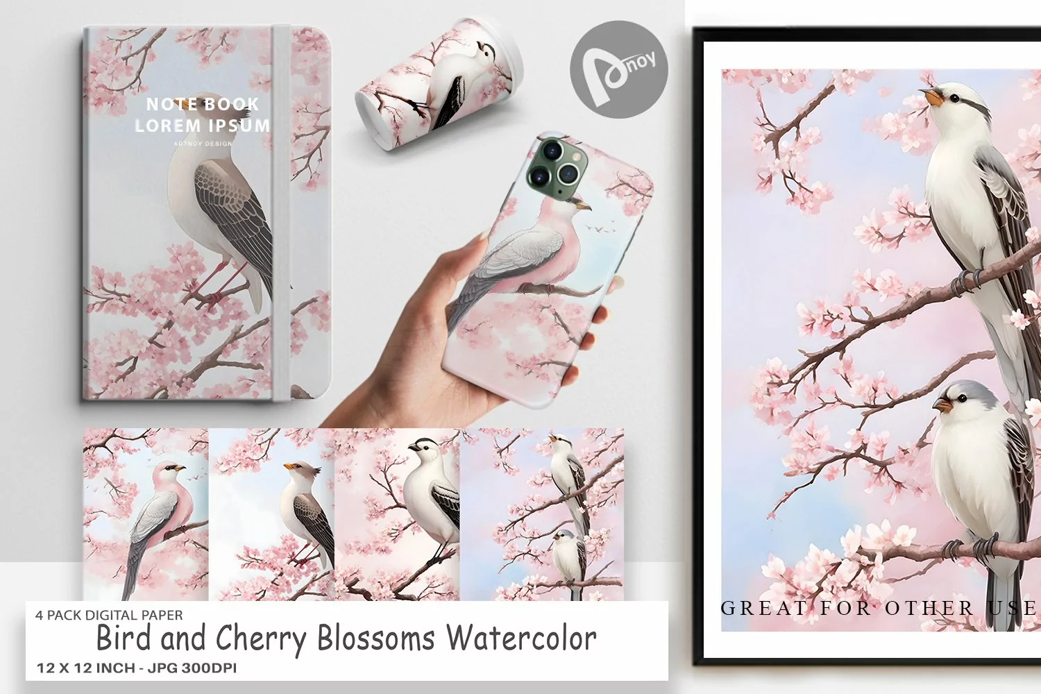 Digital Paper Bird and Cherry Blossoms product image 1