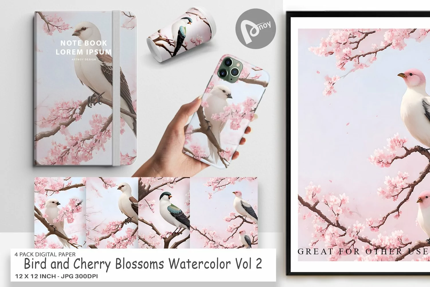 Digital Paper Bird and Cherry Blossoms product image 1