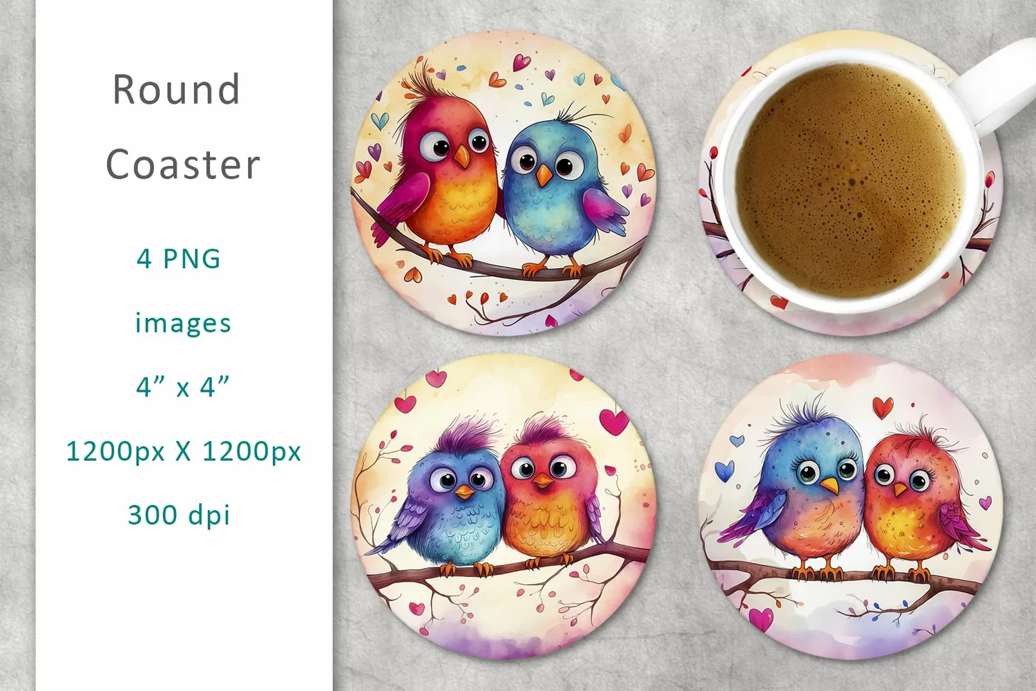 Love Birds Watercolor Round Coaster, digital collage sheet product image 1