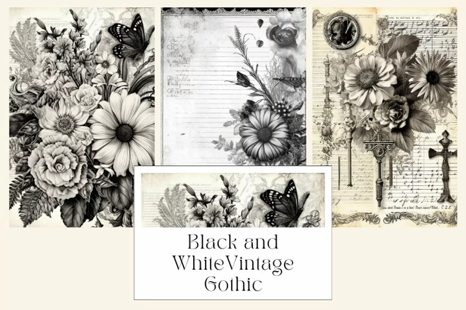 Black and White Flowers Vintage Gothic Junk Journal Page product image 1