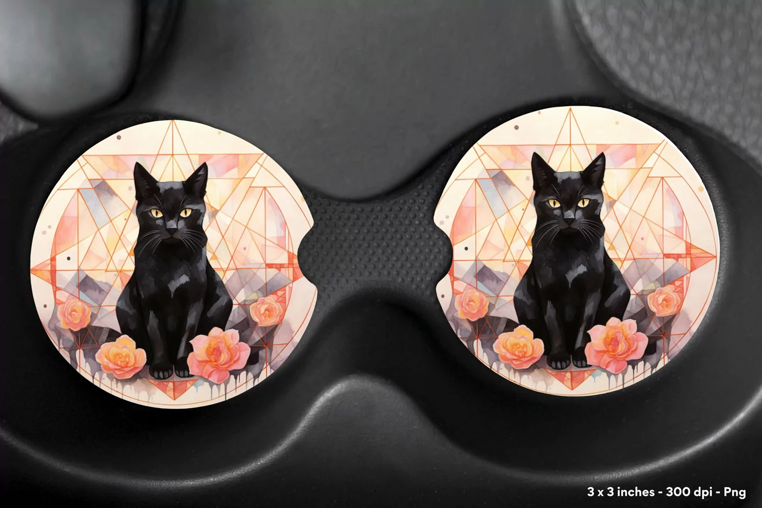 Black Cat Car Coaster Png  Watercolor Cat Coaster Design