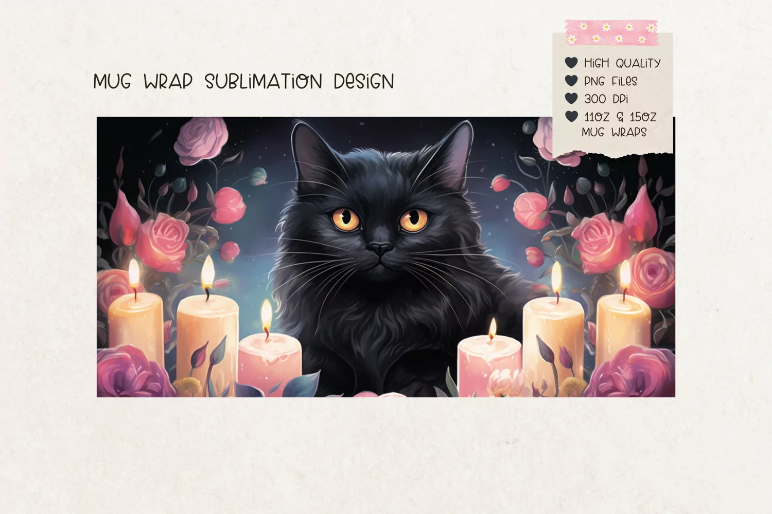Black Cat Mug Wrap  Watercolor Cat Sublimation  Cat Png