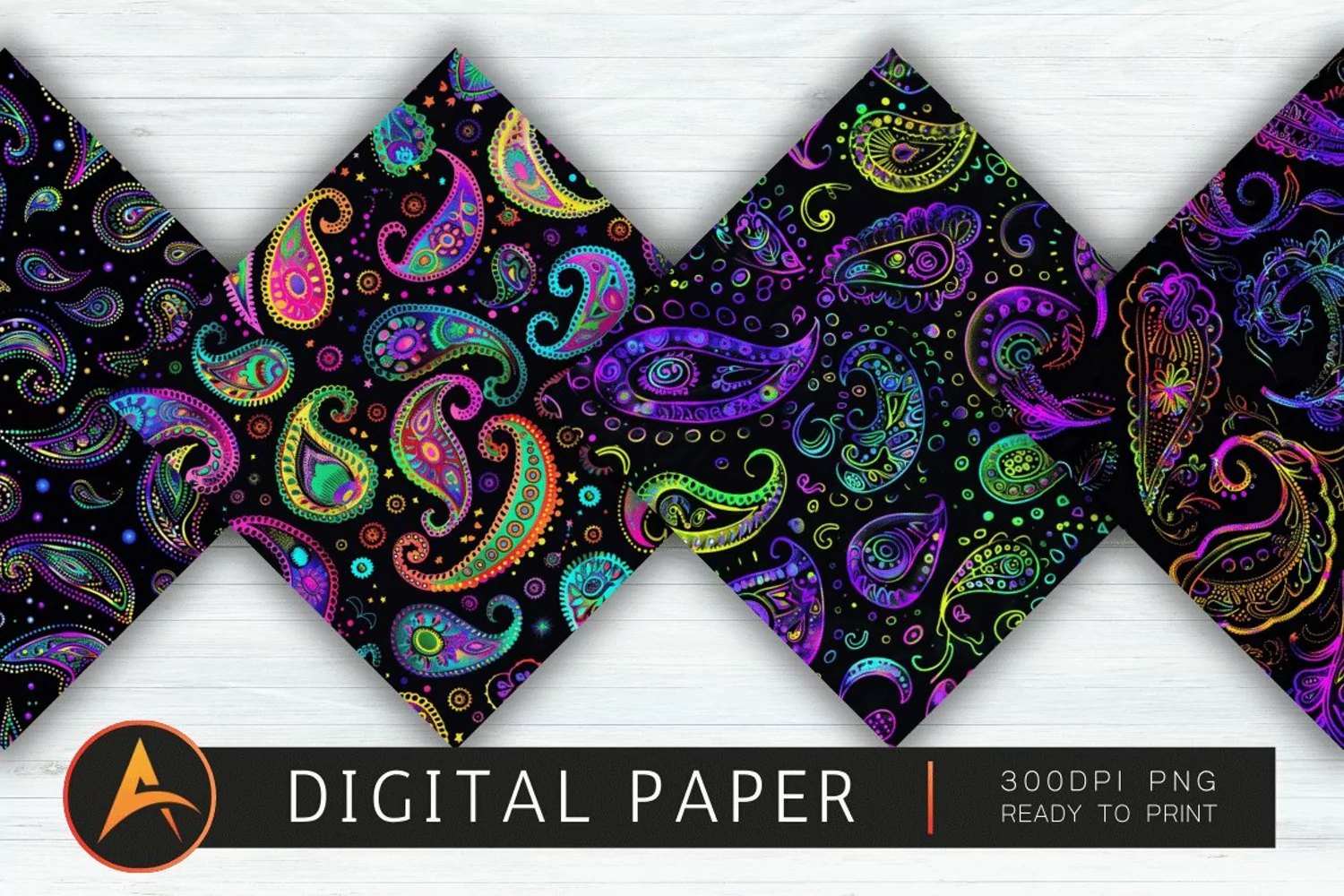 Black Paisley Neon Colors Digital Paper product image 1