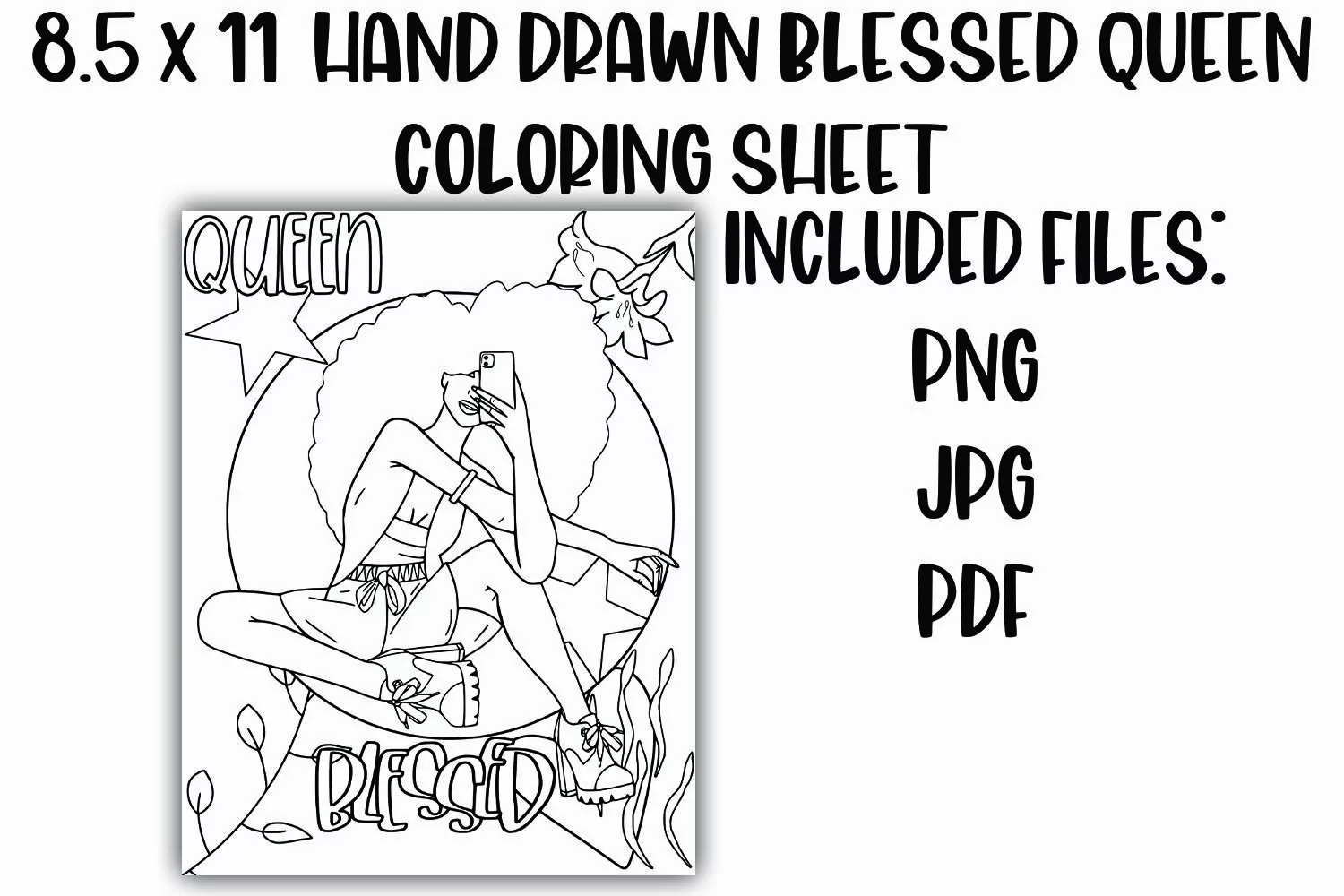 Black Woman Queen and Blessed Floral Coloring Sheet product image 1