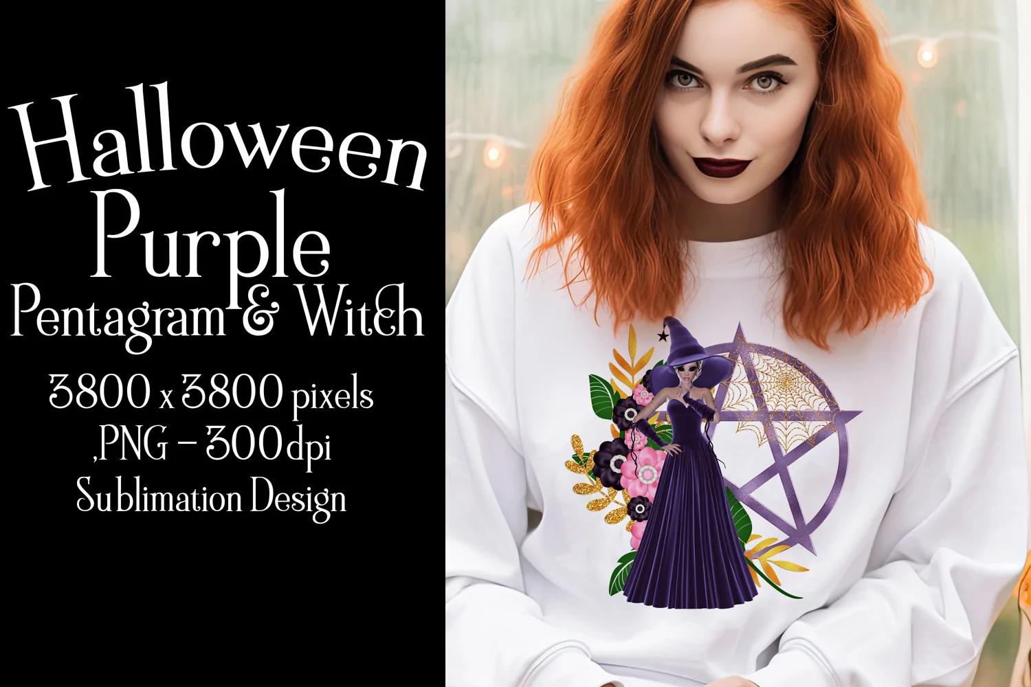 Purple Pentagram and Witch, Halloween Sublimation Design, d4 product image 1