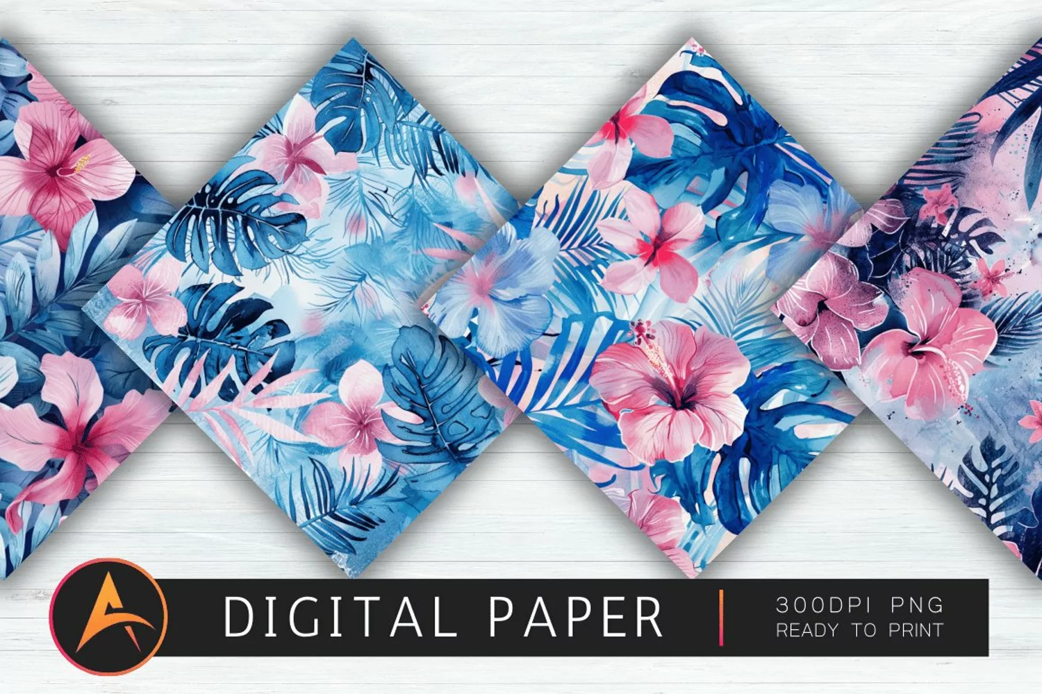 Blue and Pink Tropical Watercolor Floral Pattern product image 1