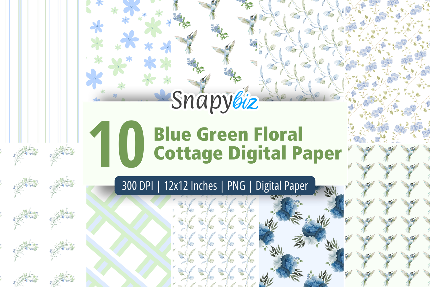 Blue Green Floral Cottage Digital Paper product image 1