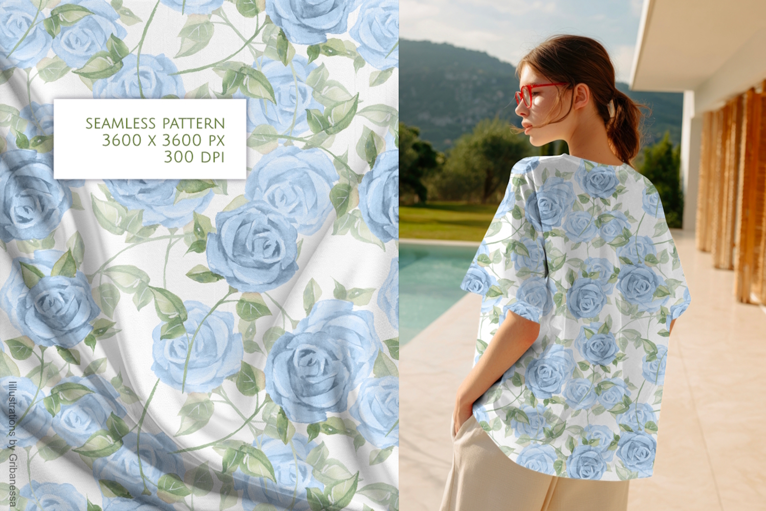 Blue Watercolor Roses Seamless Pattern product image 1