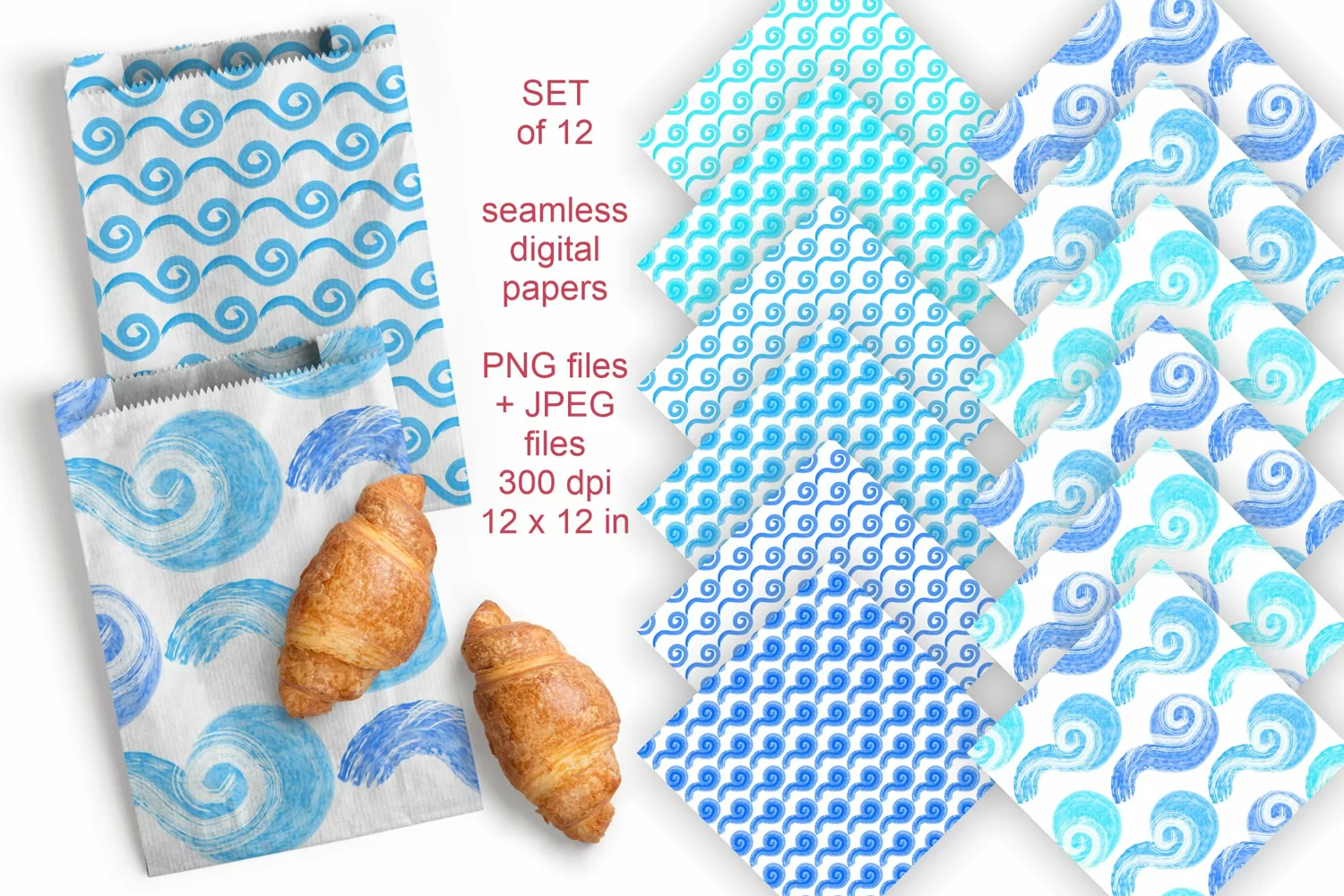 Blue Watercolor Waves Seamless Patterned Papers 12 PNG JPG