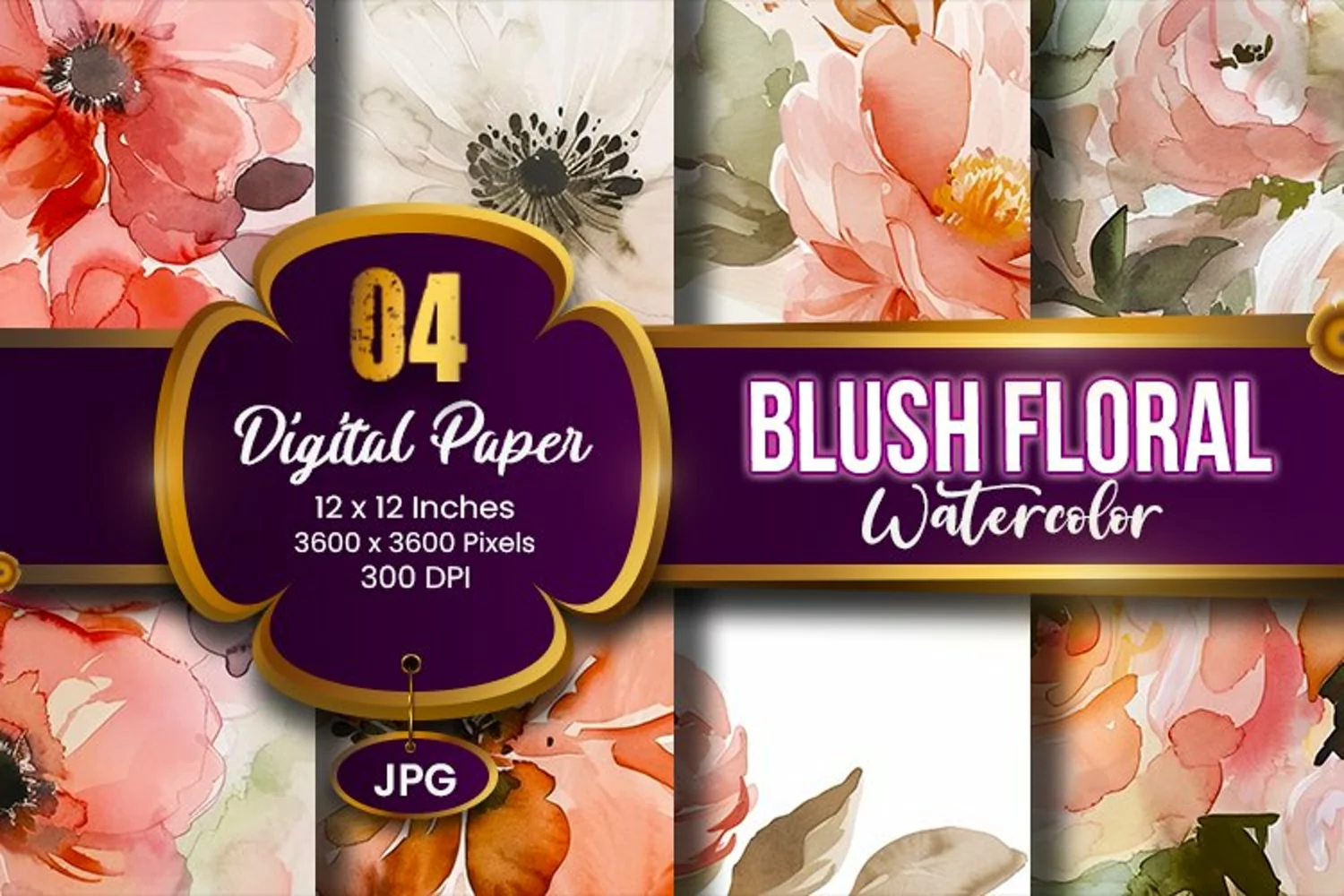 Blush Floral Watercolor Digital Paper | Abstract Flowers product image 1
