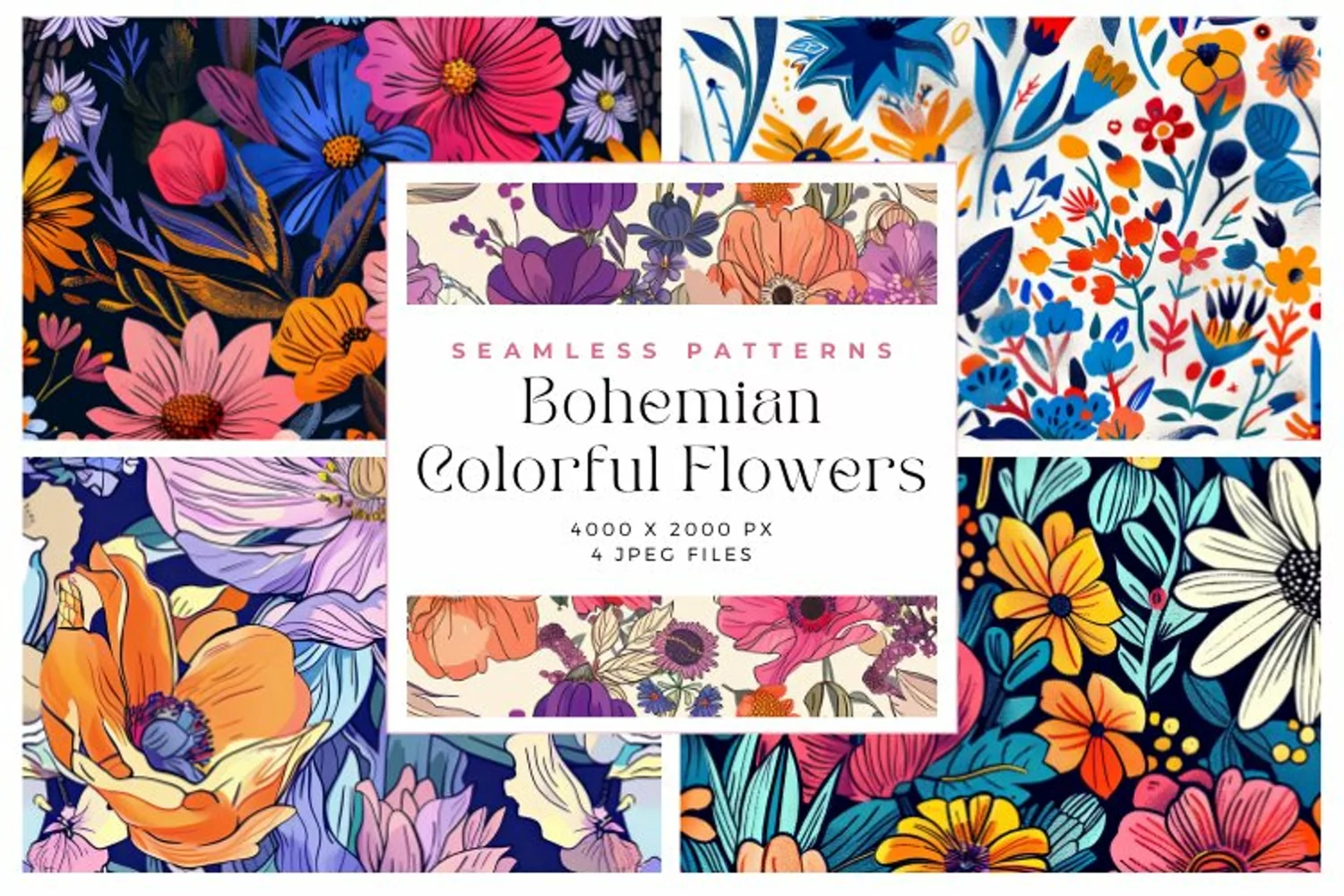 Bohemian Colorful Flowers Seamless Patterns product image 1