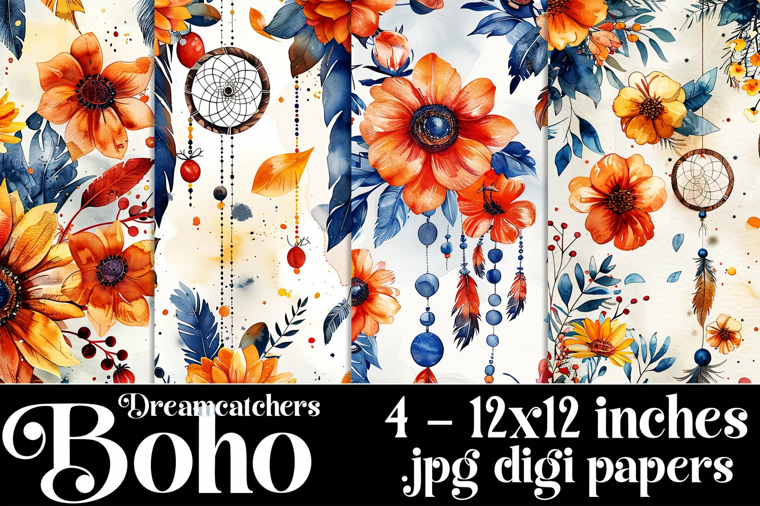 Boho Dreamcatchers Patterns, Boho Style 12x12 Backgrounds, 5 product image 1