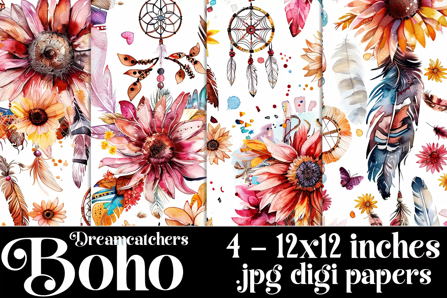 Boho Dreamcatchers Patterns, Boho Style 12x12 Backgrounds, 6 product image 1