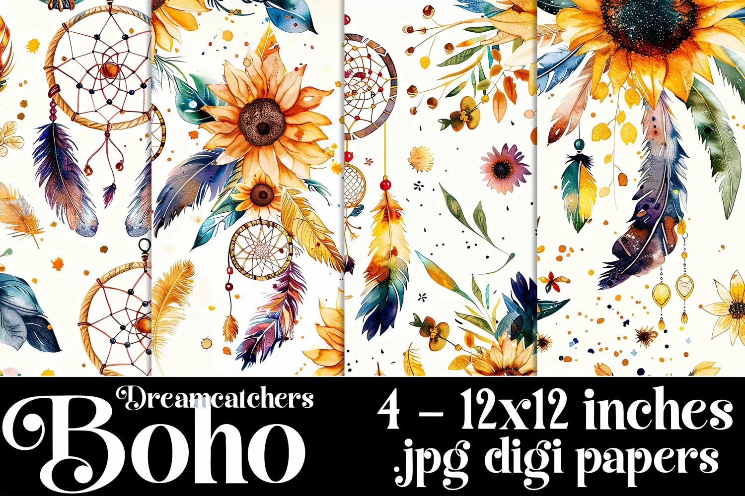 Boho Dreamcatchers Patterns, Boho Style 12x12 Backgrounds, 8 product image 1