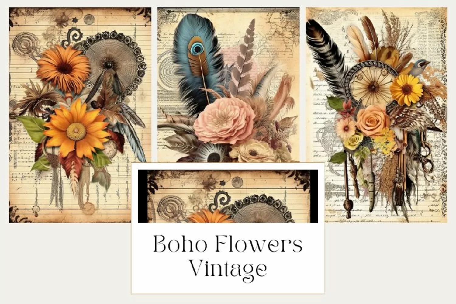 3 Boho Flowers Vintage Junk Journal Pages product image 1