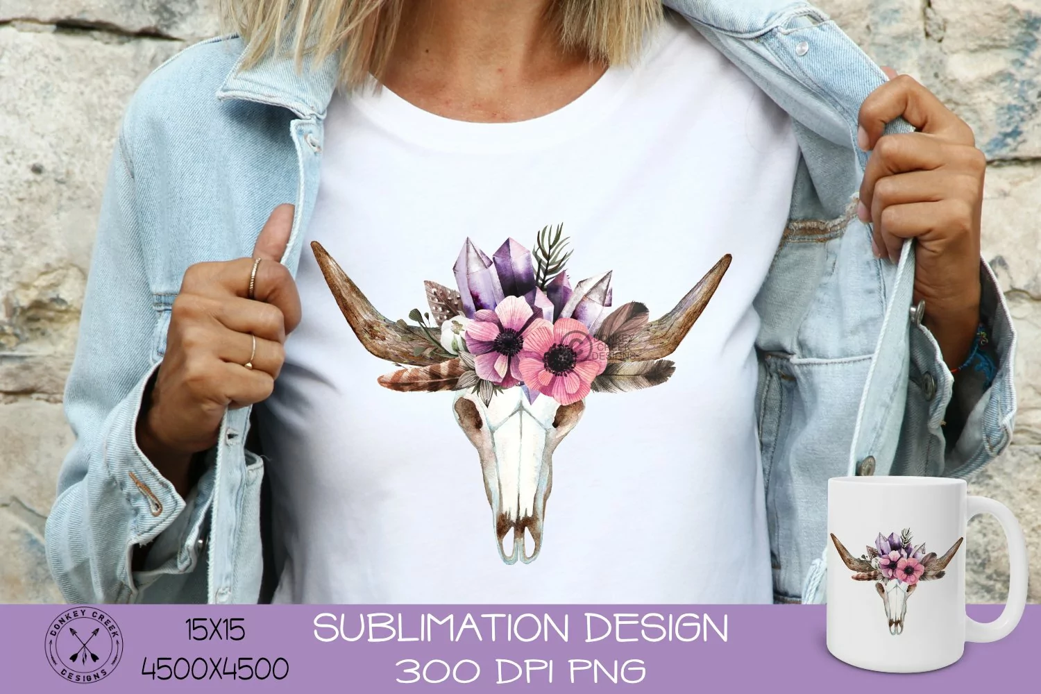 Boho style bull with watercolor flowers PNG