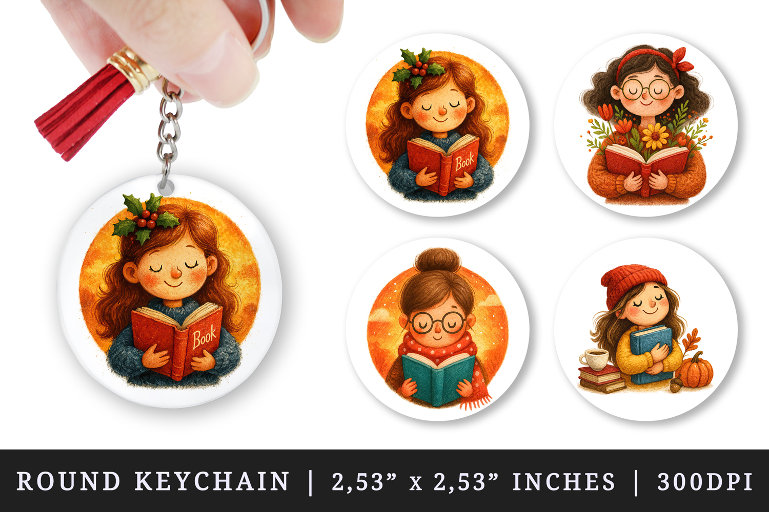 Book Lover round keychain pintable sublimation design png product image 1