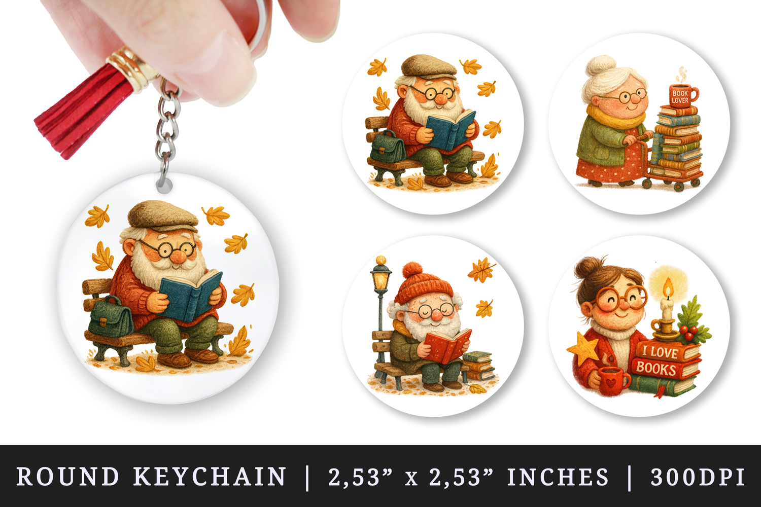 Book Lover round keychain pintable sublimation design png product image 1
