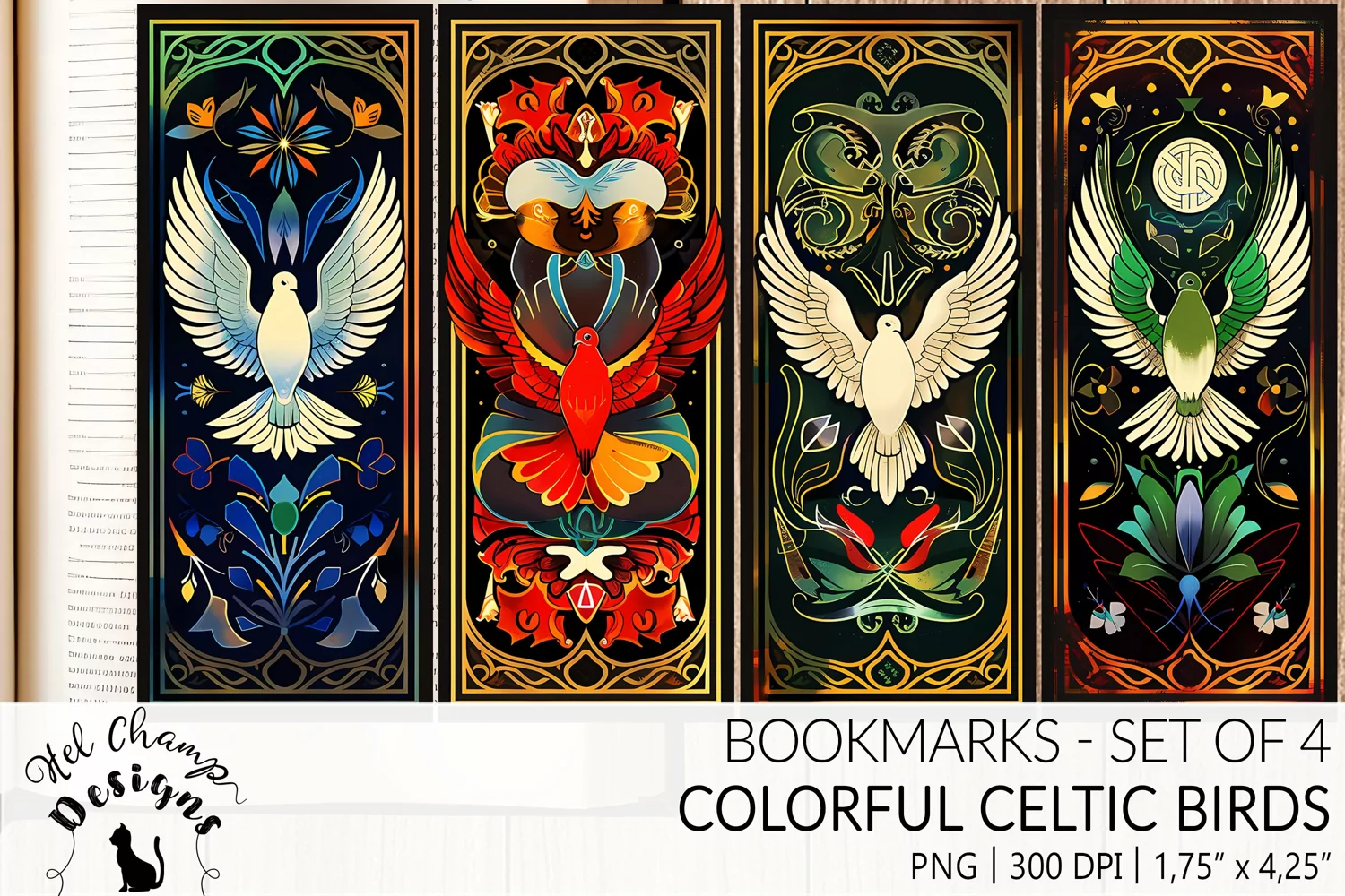 Bookmarks set sublimation celtic art old colorful bird medieval book lover