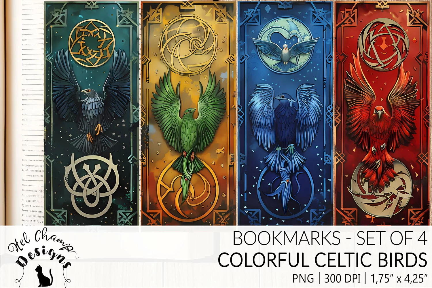 Bookmarks set sublimation celtic art old colorful bird medieval book lover