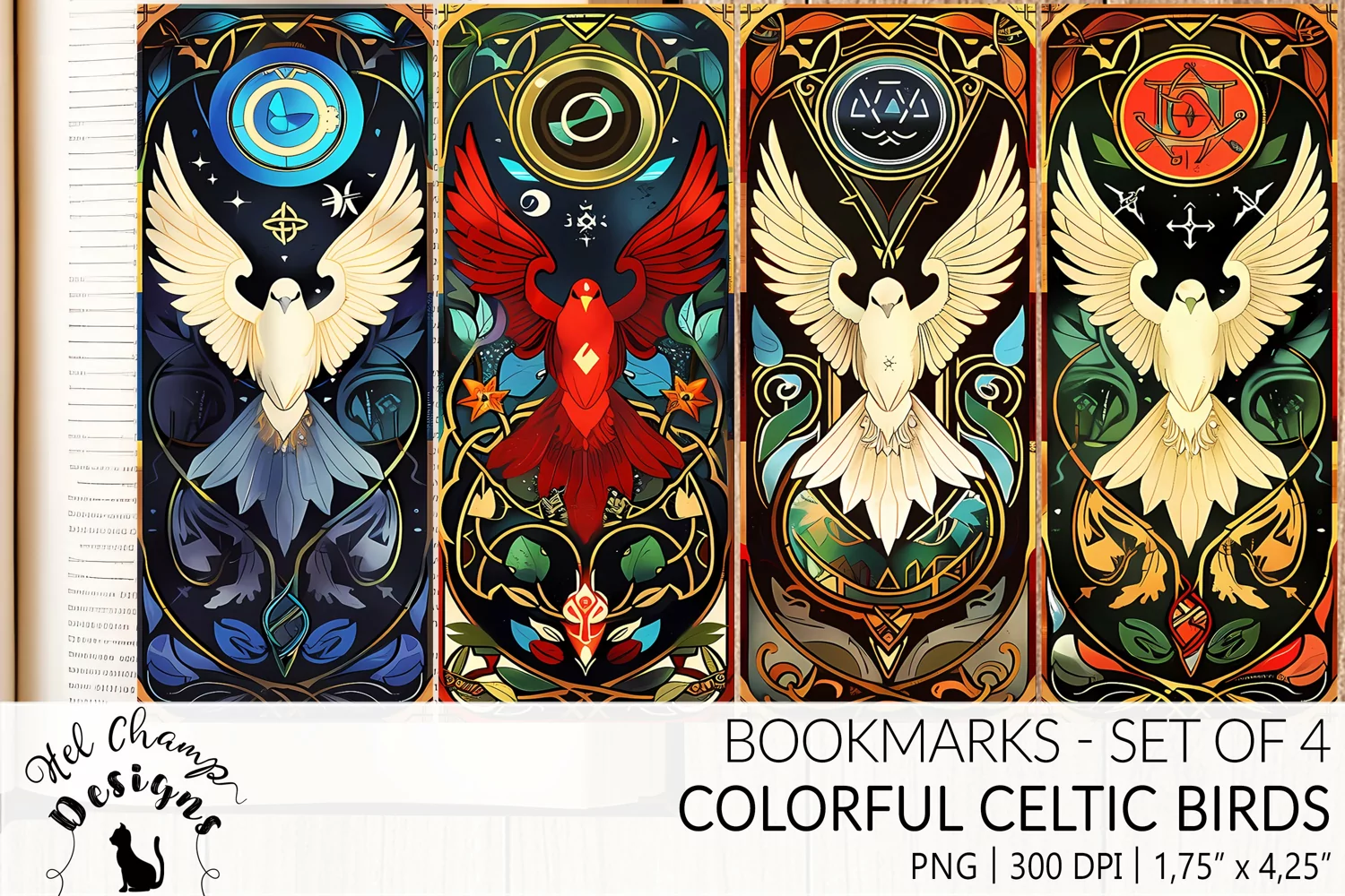 Bookmarks set sublimation celtic art old colorful bird medieval book lover