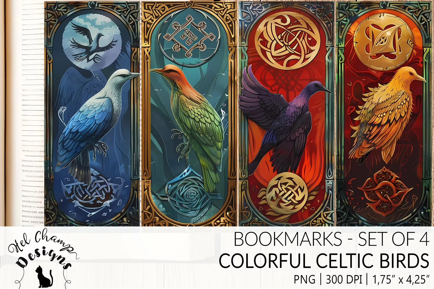 Bookmarks set sublimation celtic art old colorful bird medieval book lover