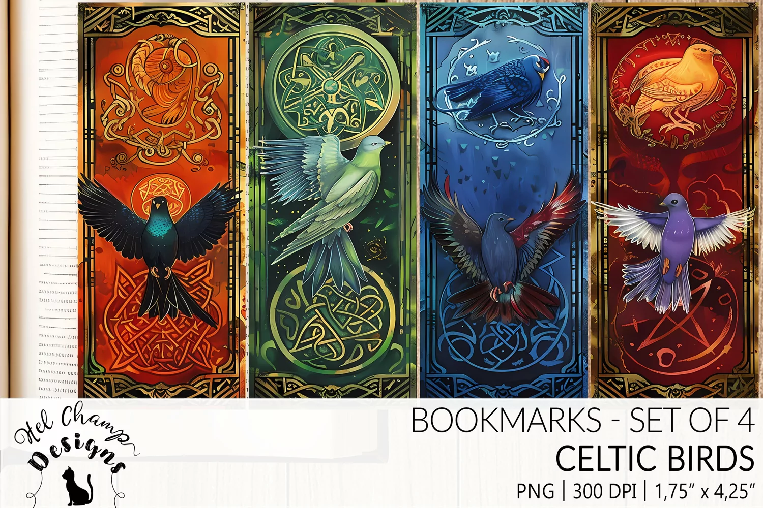 Bookmarks set sublimation celtic art old colorful bird medieval book lover