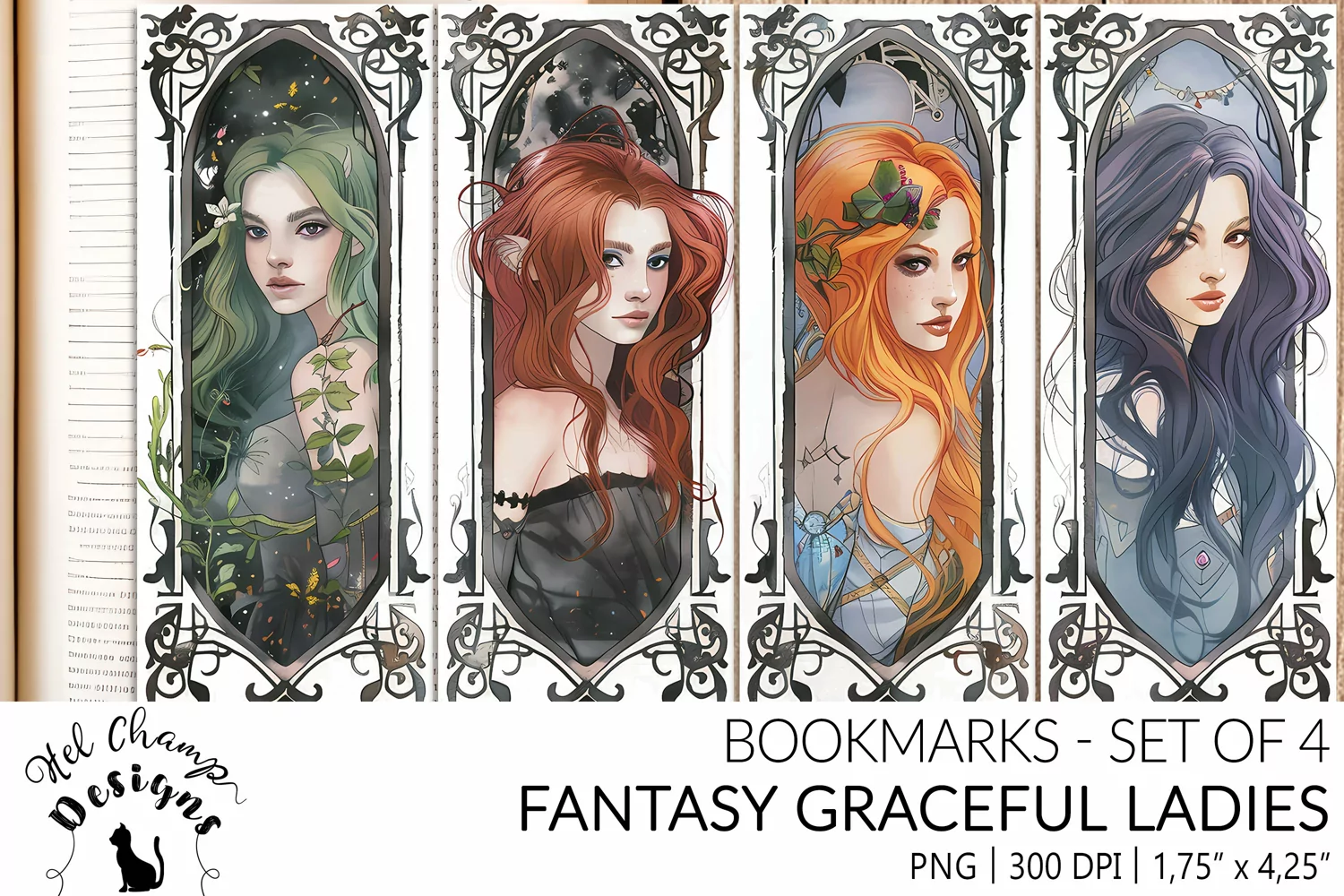 Bookmarks set sublimation fantasy art elegant graceful colorful women book lover