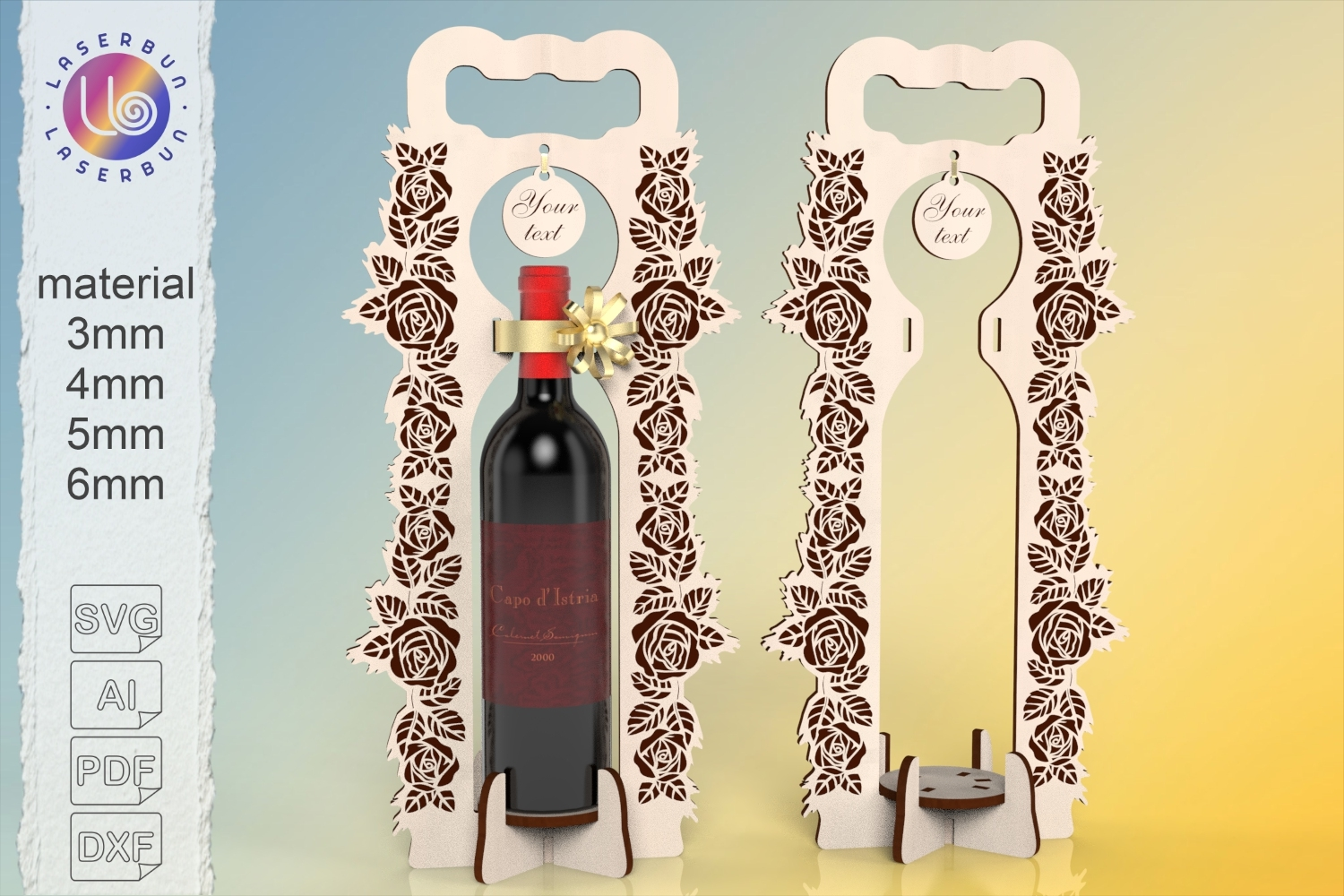 Laser Cut Wine Bottle Carrier with Roses product image 1