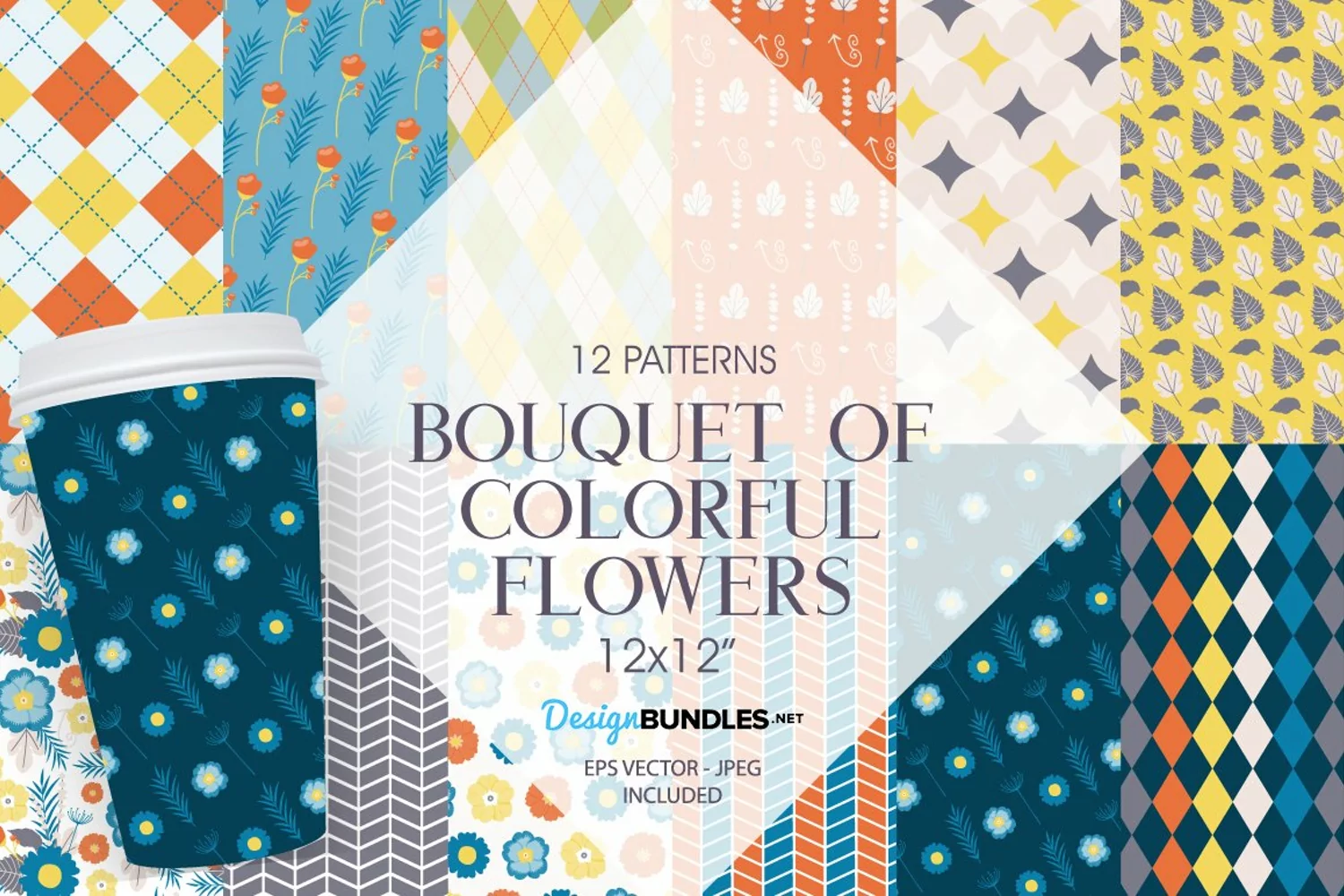 Bouquet of Colorful Flowers Digital Papers, Vector Patterns product image 1
