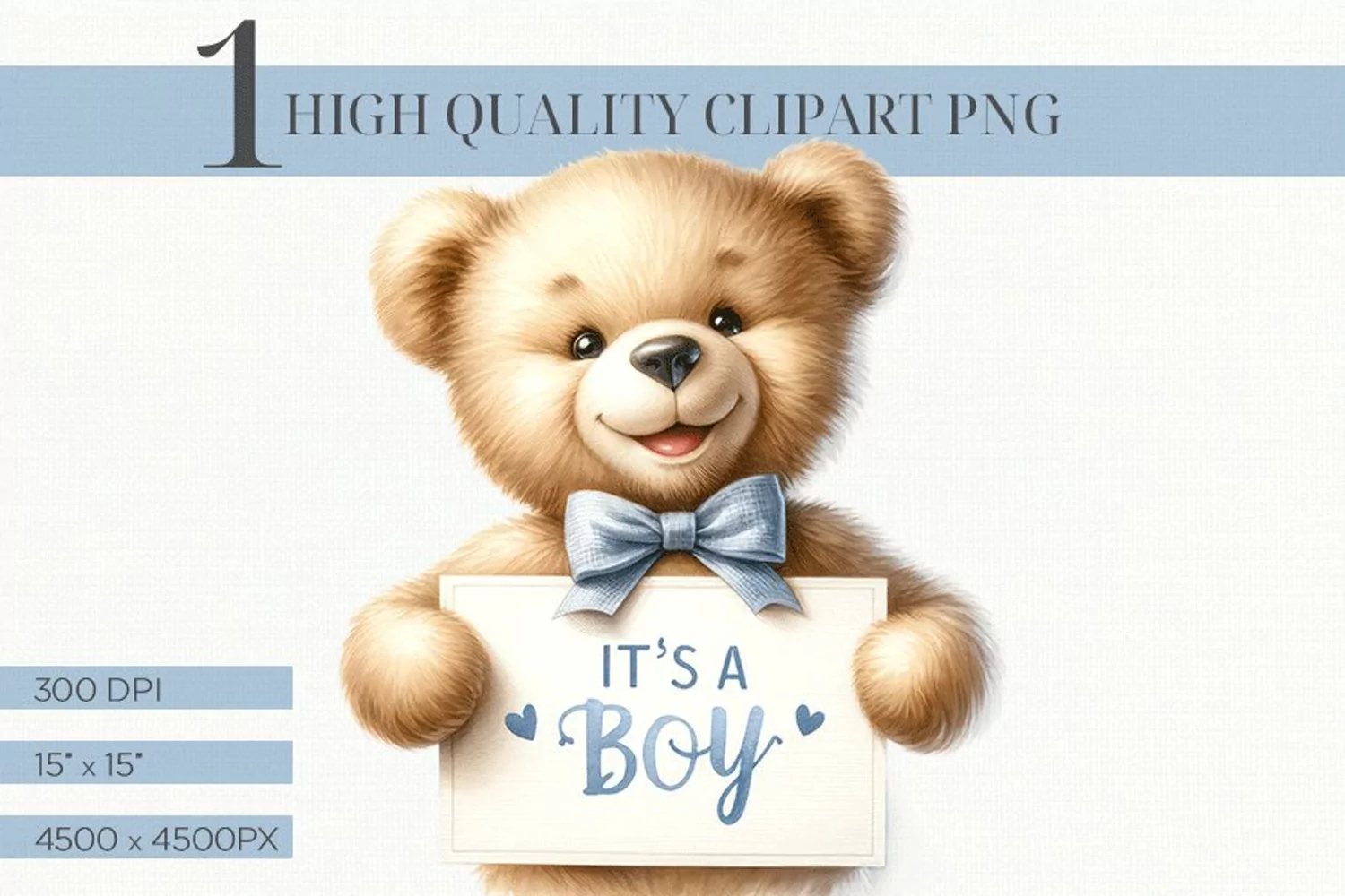 Watercolor It's A Boy Teddy Baby Shower Hi Res Clipart PNG product image 1