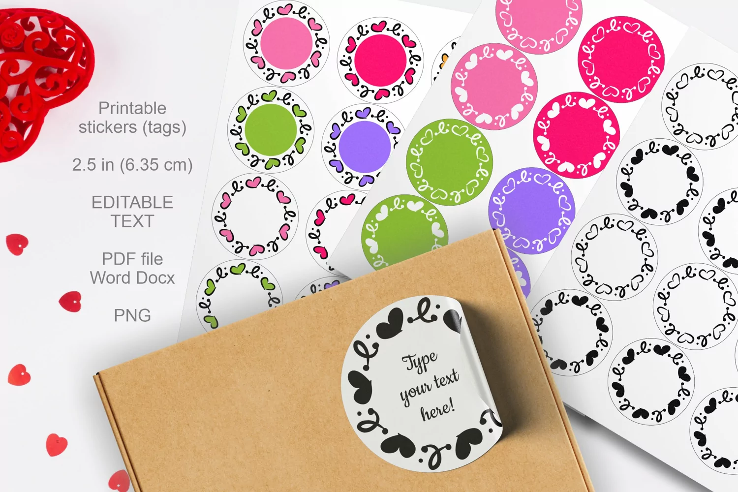 Bright Colors Hearts Round Labels 12 per paper 2.5 in