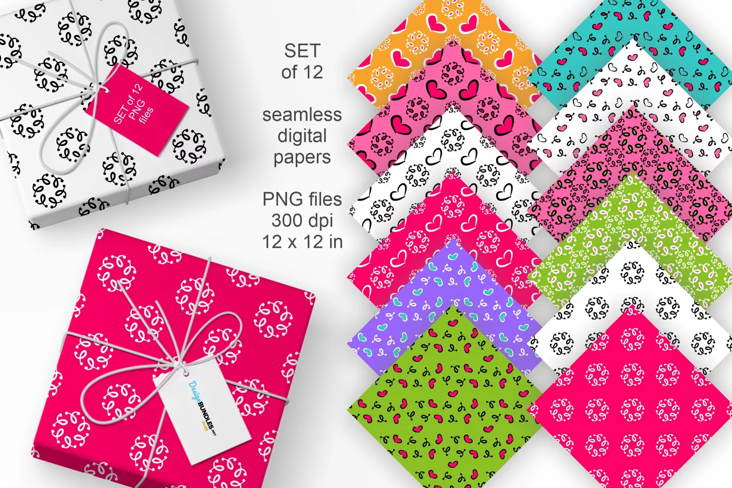 Bright Colors Hearts Seamless Patterned Paper Set of 12