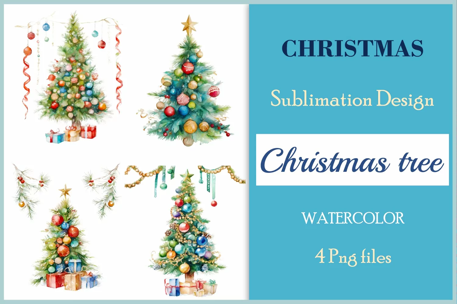 Set of watercolor clipart Christmas tree on transparent background. Perfect for creating Christmas card, ornament, cover, invitation, sublimation, poster, sublimation and print.