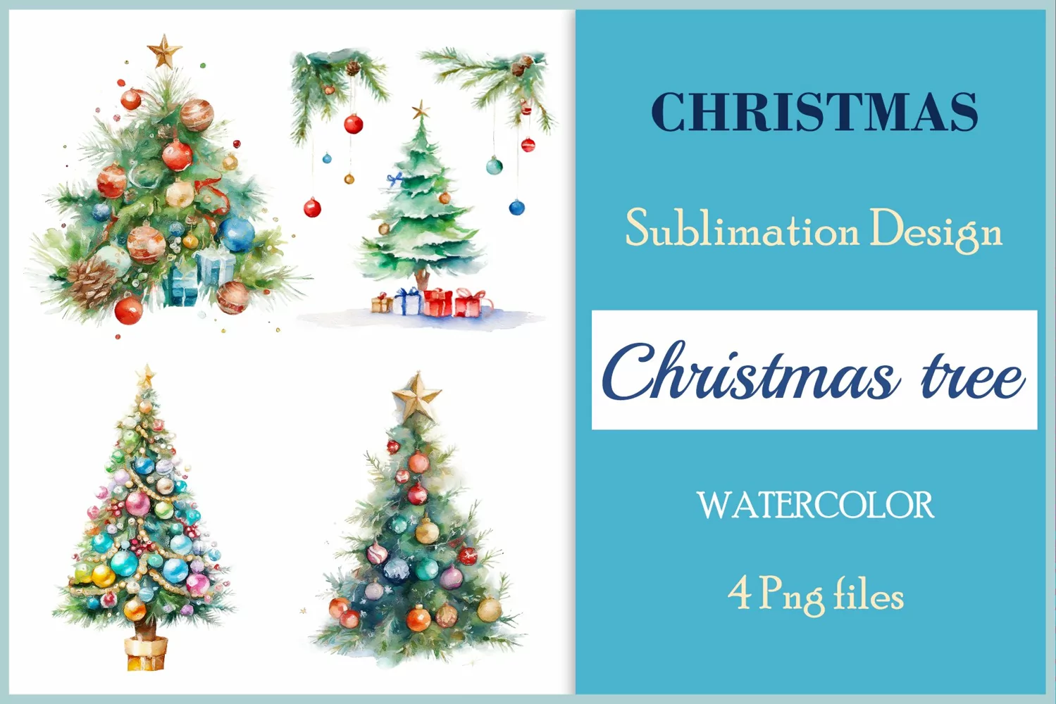 Set of watercolor clipart Christmas tree on transparent background. Perfect for creating Christmas card, ornament, cover, invitation, sublimation, poster, sublimation and print.
