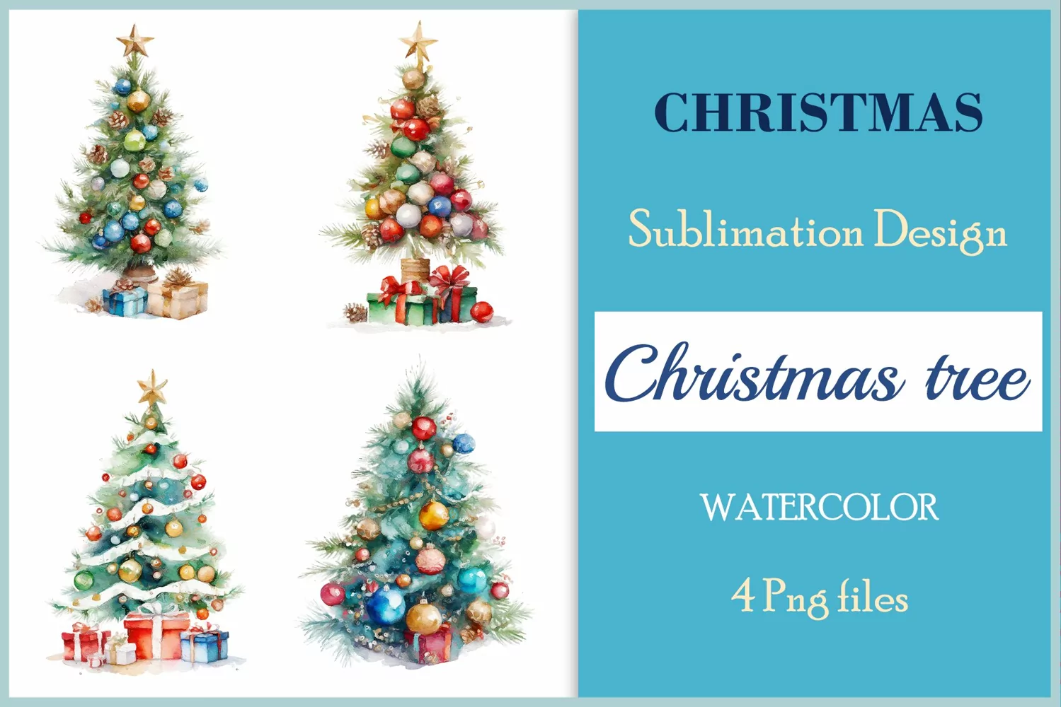Set of watercolor clipart Christmas tree on transparent background. Perfect for creating Christmas card, ornament, cover, invitation, sublimation, poster, sublimation and print.