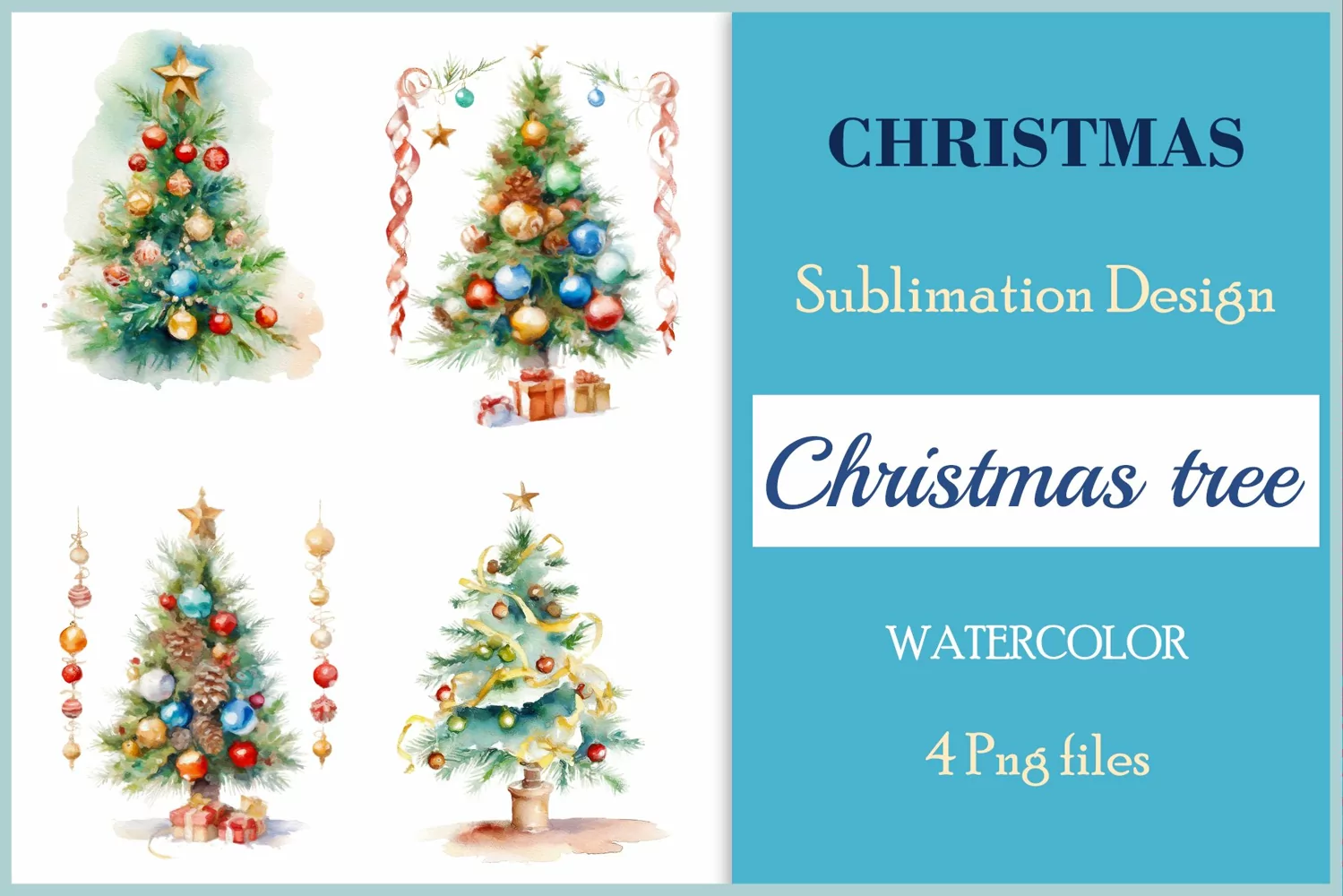 Set of watercolor clipart Christmas tree on transparent background. Perfect for creating Christmas card, ornament, cover, invitation, sublimation, poster, sublimation and print.