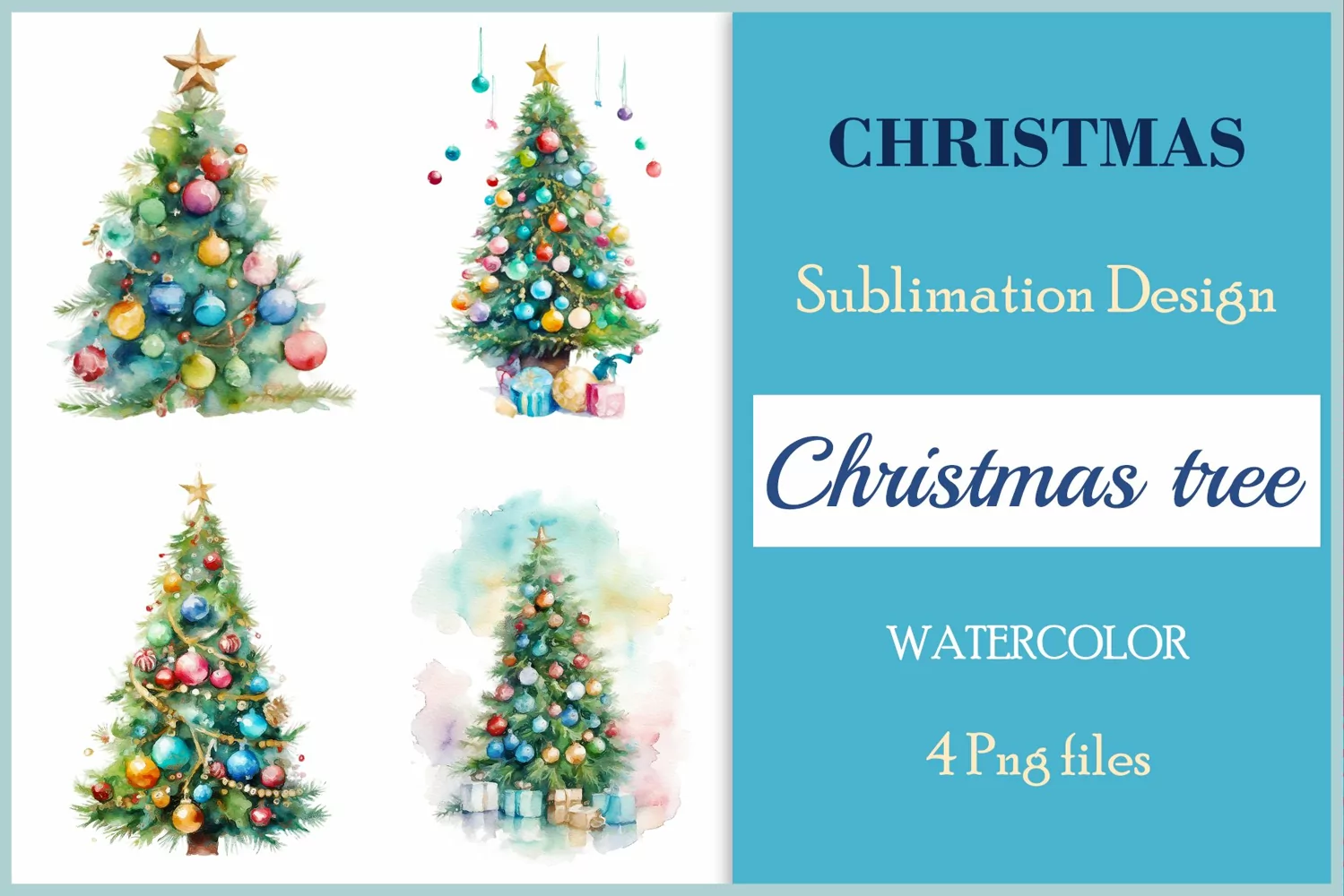 Set of watercolor clipart Christmas tree on transparent background. Perfect for creating Christmas card, ornament, cover, invitation, sublimation, poster, sublimation and print.