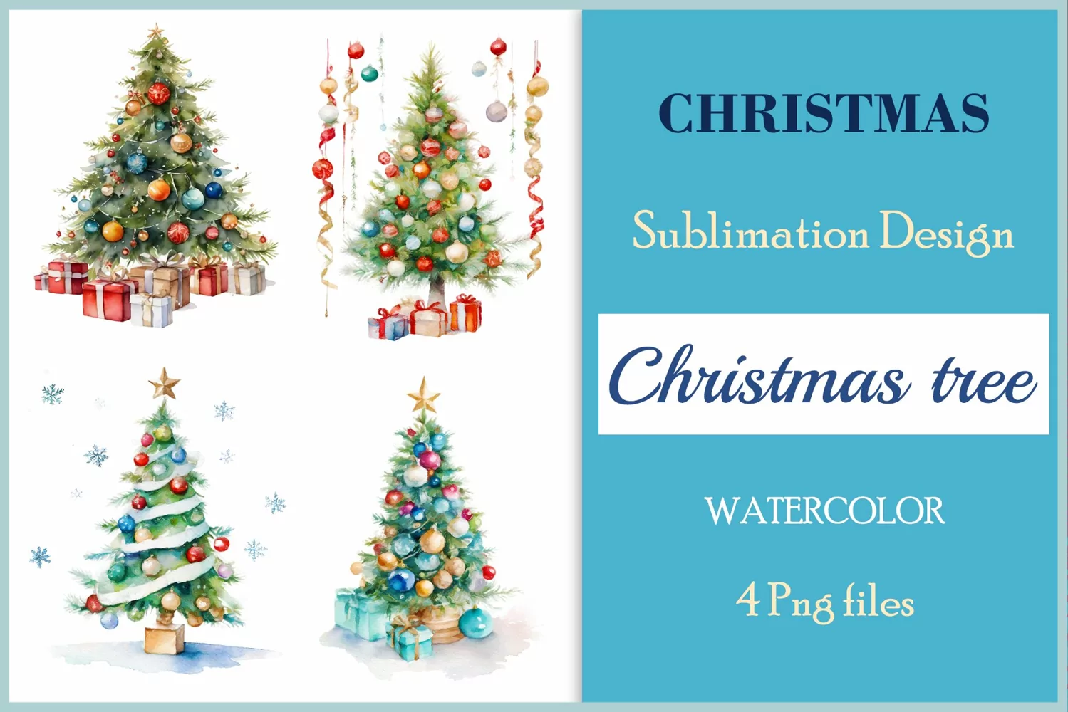 Set of watercolor clipart Christmas tree on transparent background. Perfect for creating Christmas card, ornament, cover, invitation, sublimation, poster, sublimation and print.