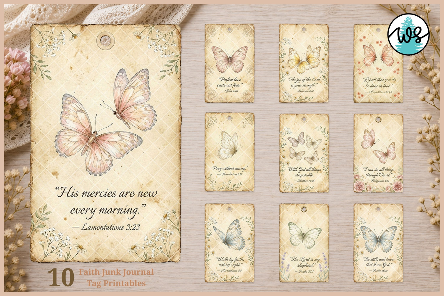 Butterfly Faith Junk Journal Tags, Vintage Bible Ephemera product image 1