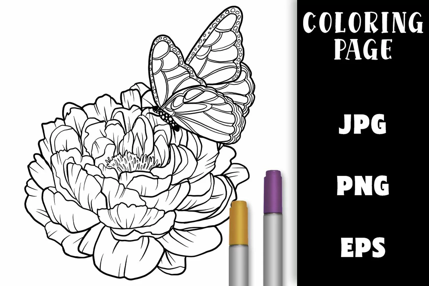 Butterfly & Peony Floral Coloring Page product image 1